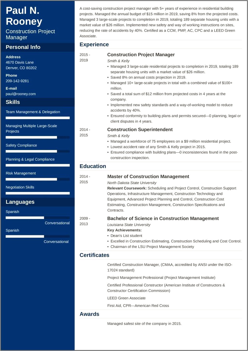 Examples Of Construction Project Manager Resumes