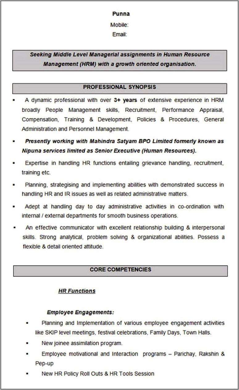Examples Of Core Competencies On Resume Hr