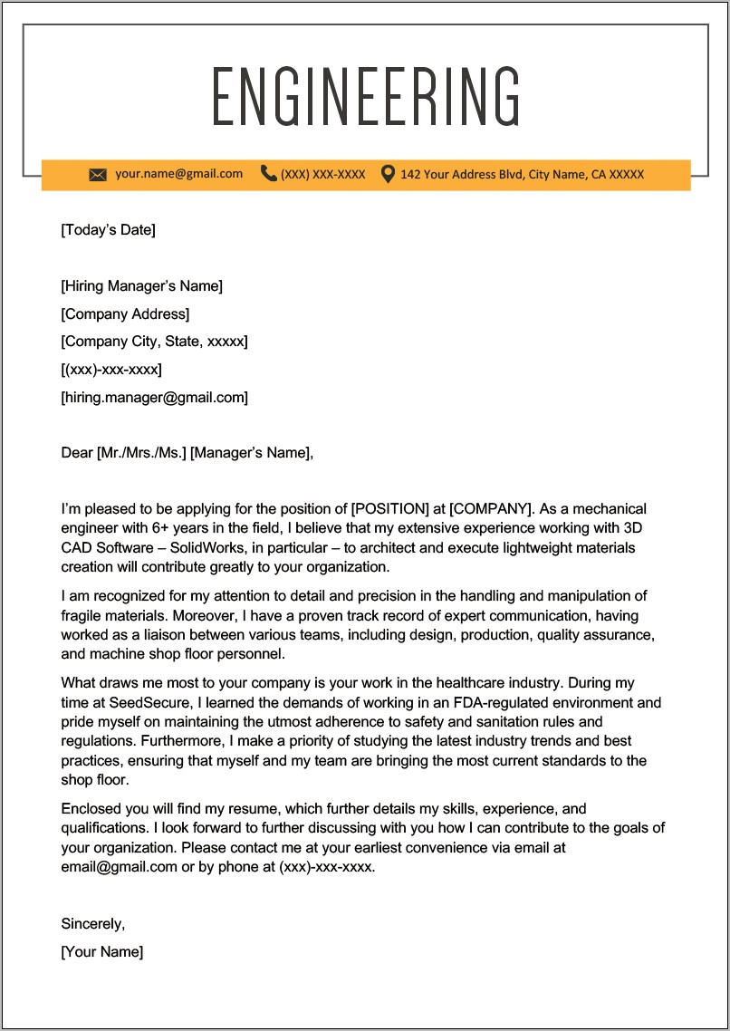 Examples Of Cover Letters For Engineering Resumes