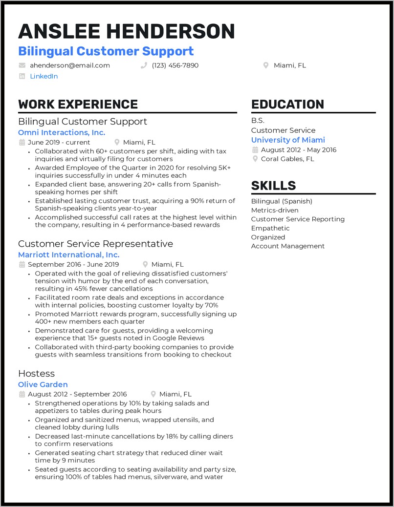 Examples Of Customer Service Experience On Resumes