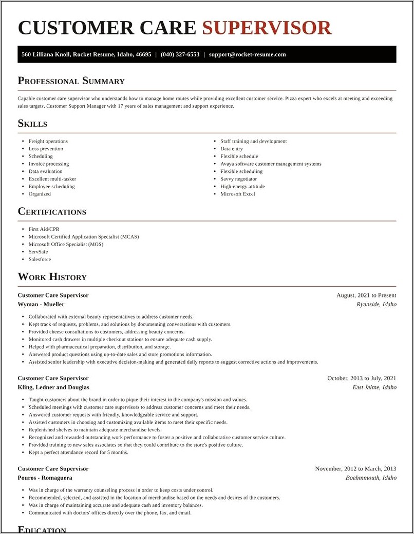 Examples Of Customer Service Supervisor Resume