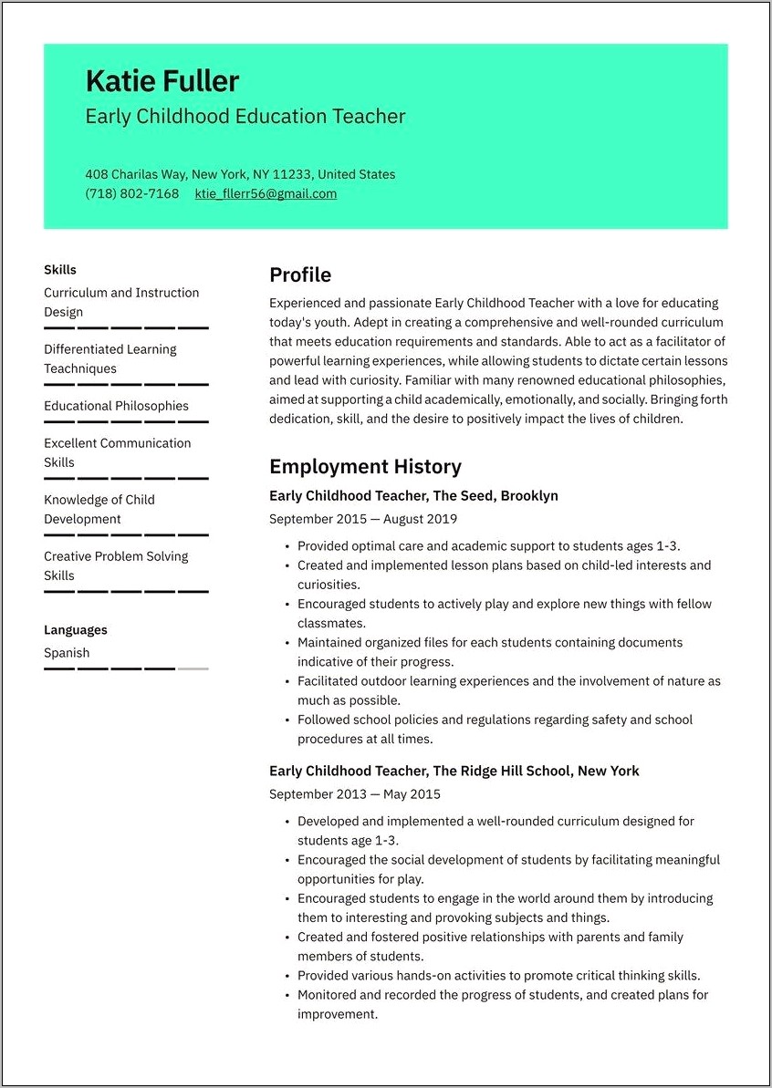 Examples Of Early Childhood Teacher Resumes