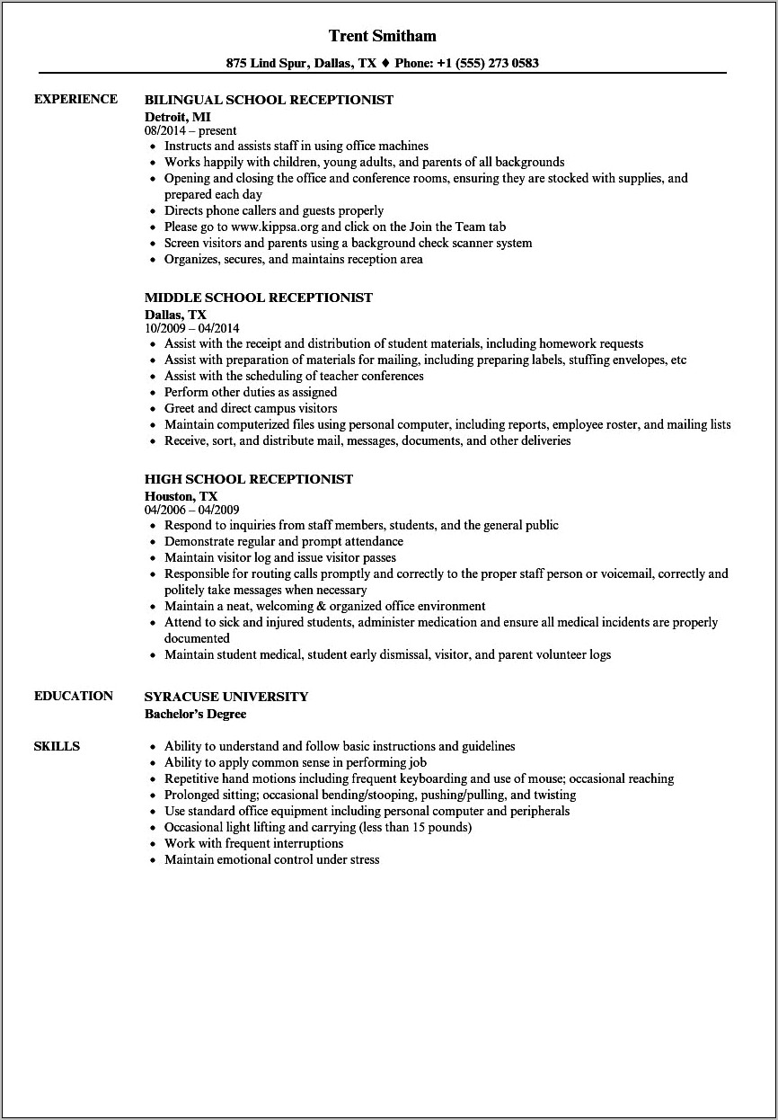 Examples Of Elementary School Sectary Resumes