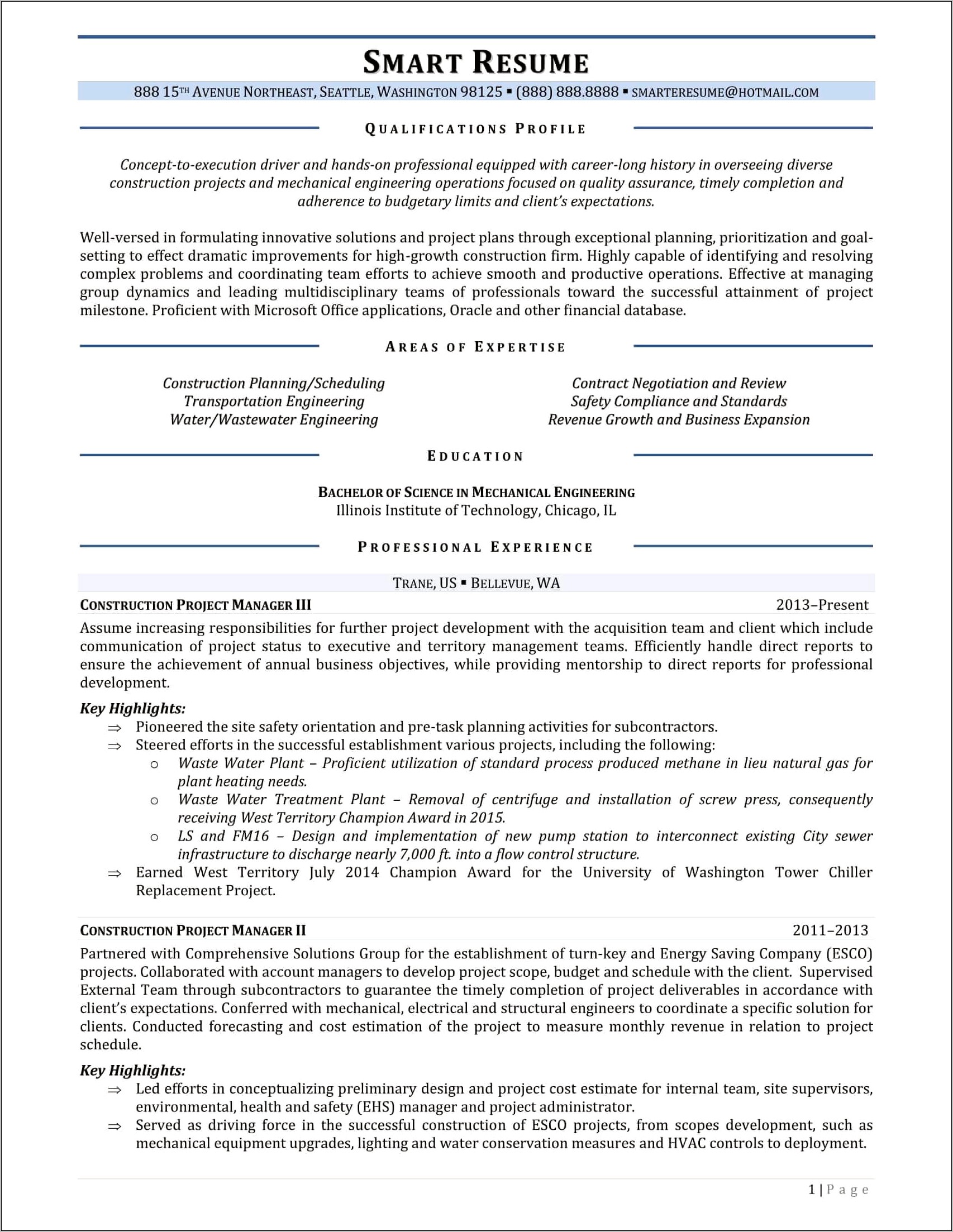 Examples Of Engineering Project Management Resume