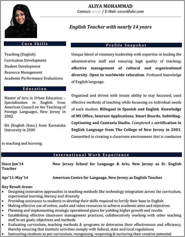 Examples Of English As A Second Language Resume