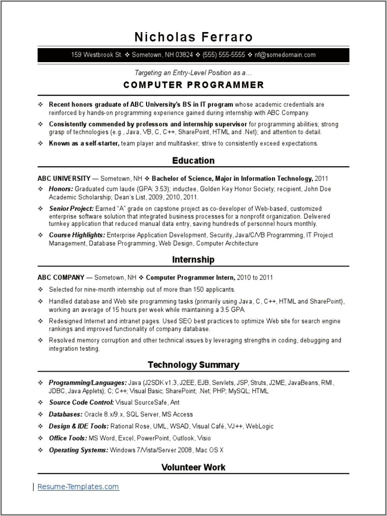 Examples Of Entry Level Computer Science Resumes