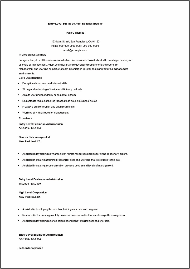Examples Of Entry Level Management Resumes