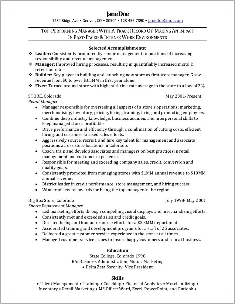 Examples Of Excelent Retail Manager Resume