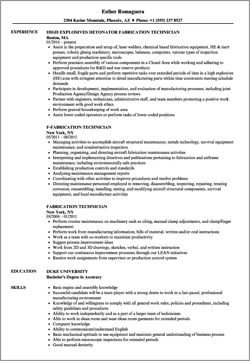 Examples Of Fabrication Shop Employee Resume Objective