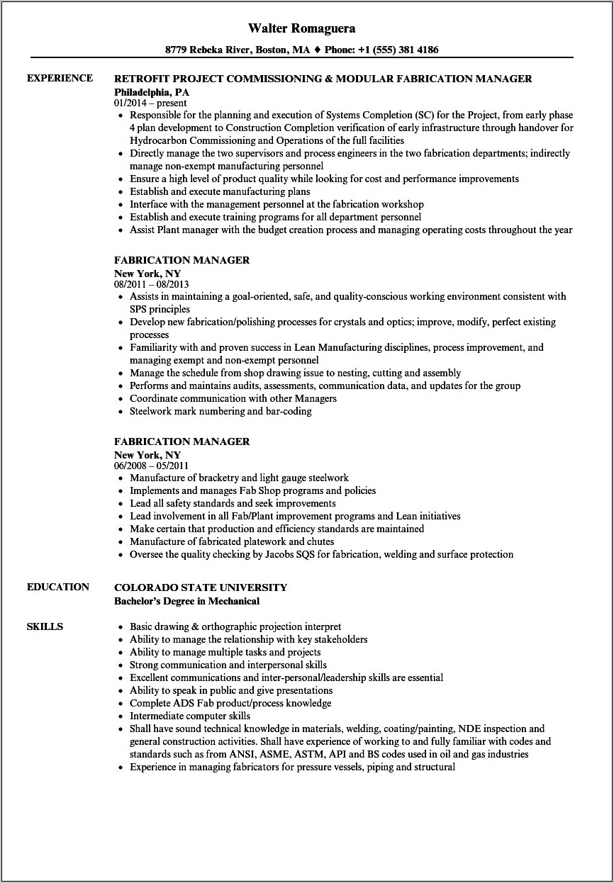 Examples Of Fabrication Shop Employee Resume