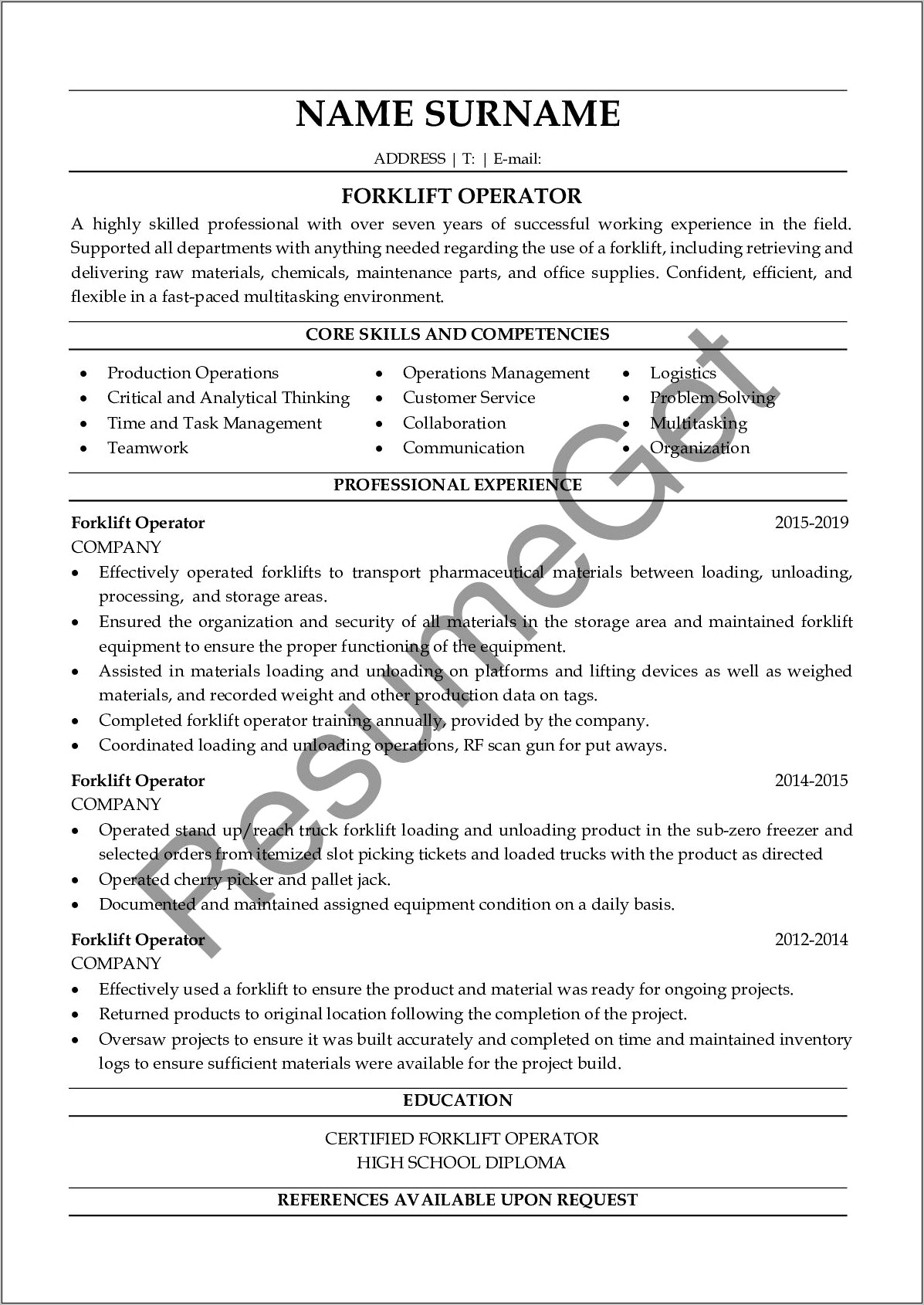 Examples Of Forklift Operator Functional Resume
