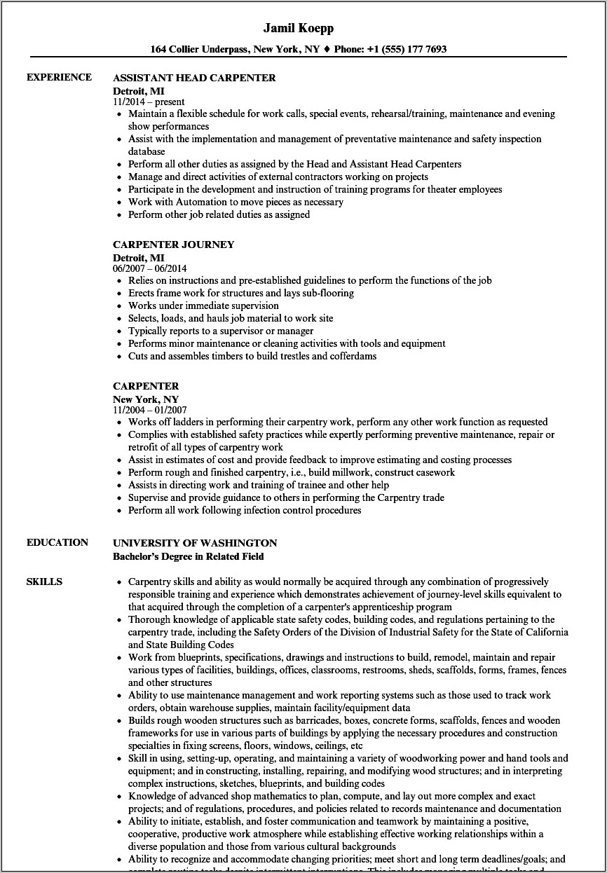 Examples Of Functional Lead Carpenter Resume