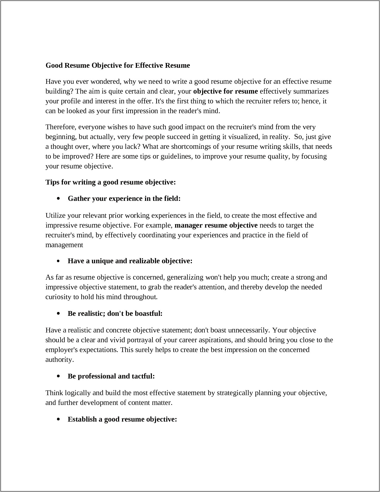 Examples Of General Career Objective For Resume
