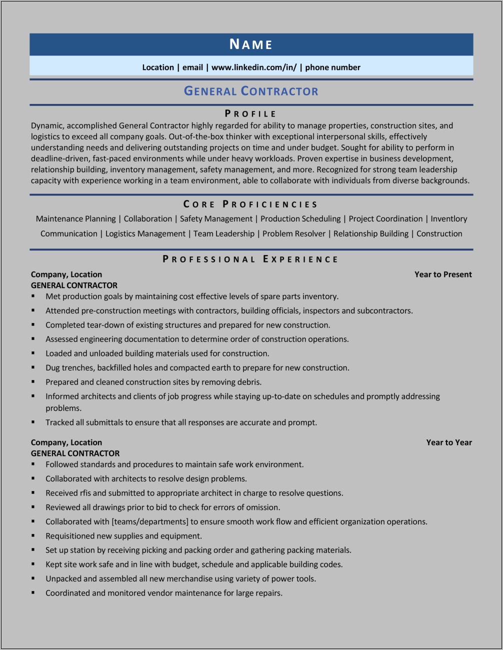 Examples Of General Contractor Resumes