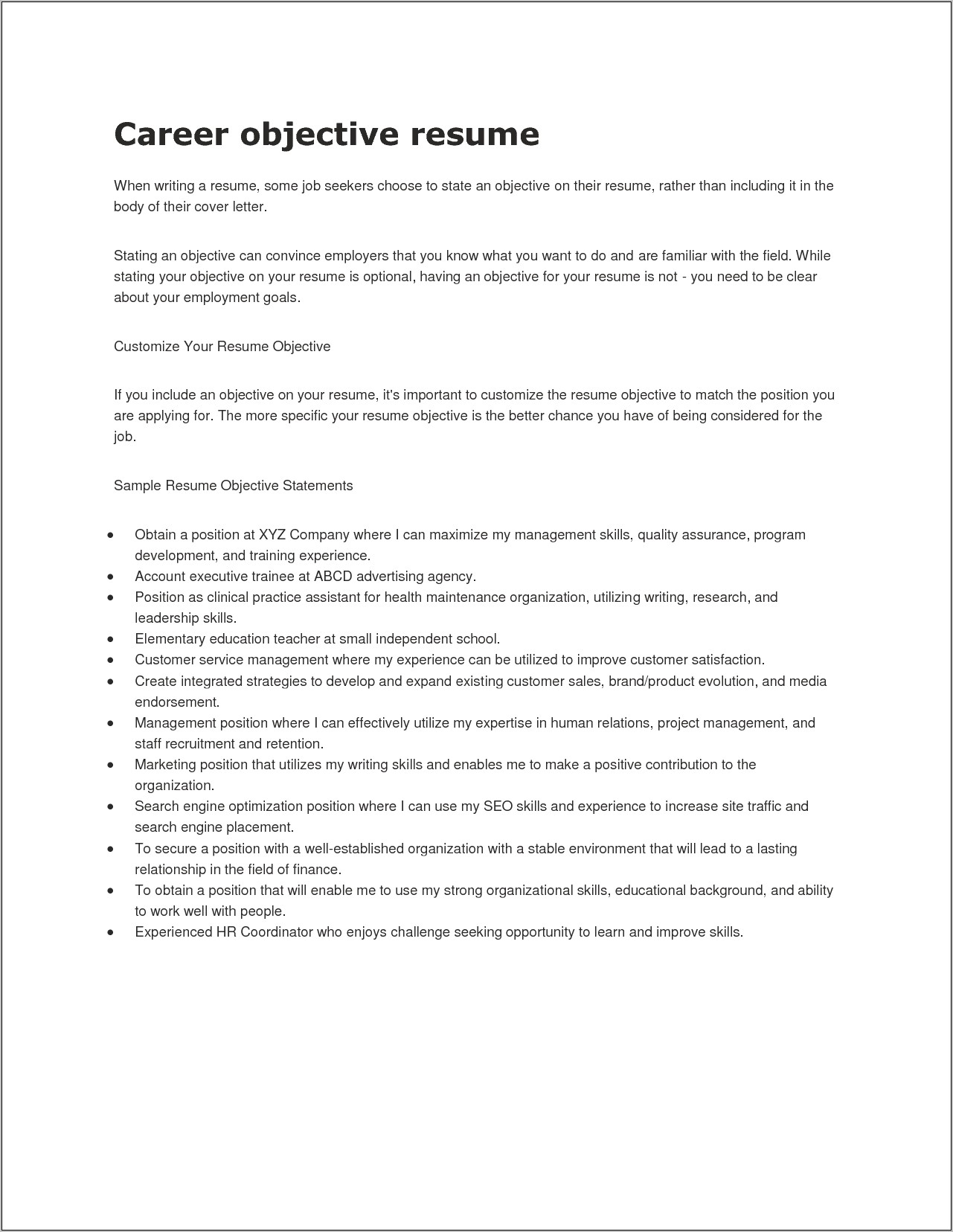 Examples Of General Objective Statements For Resumes