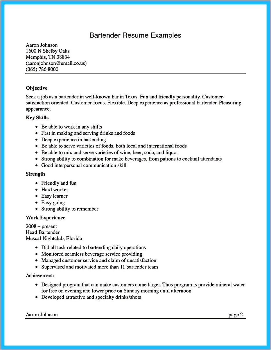 Examples Of Good Bartender Resumes
