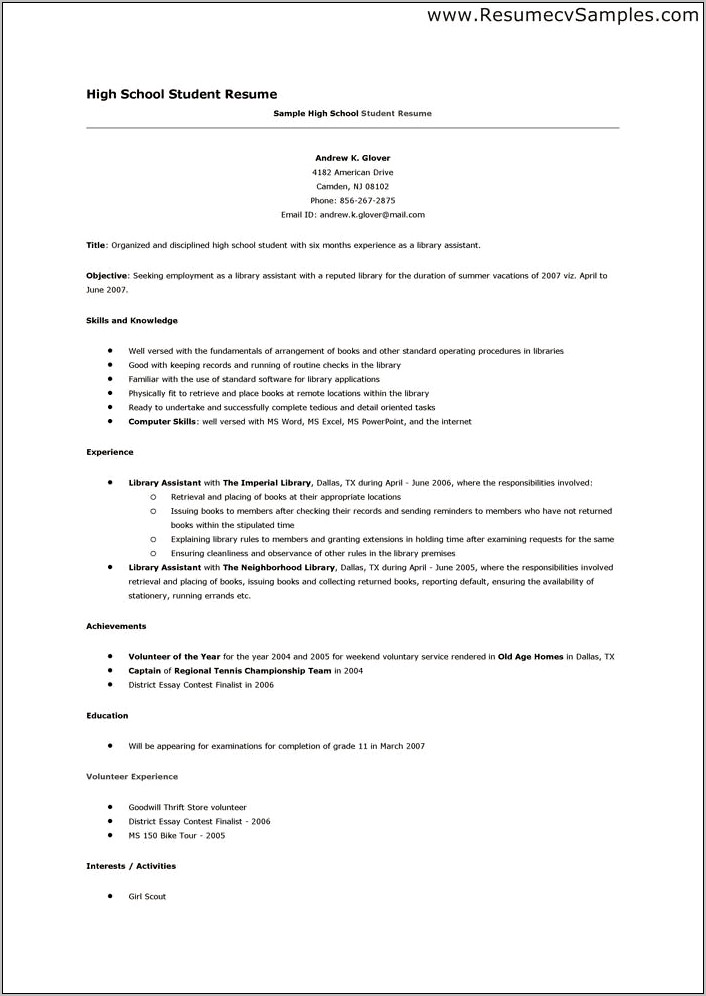 Examples Of High School Student Resume Career Objectives