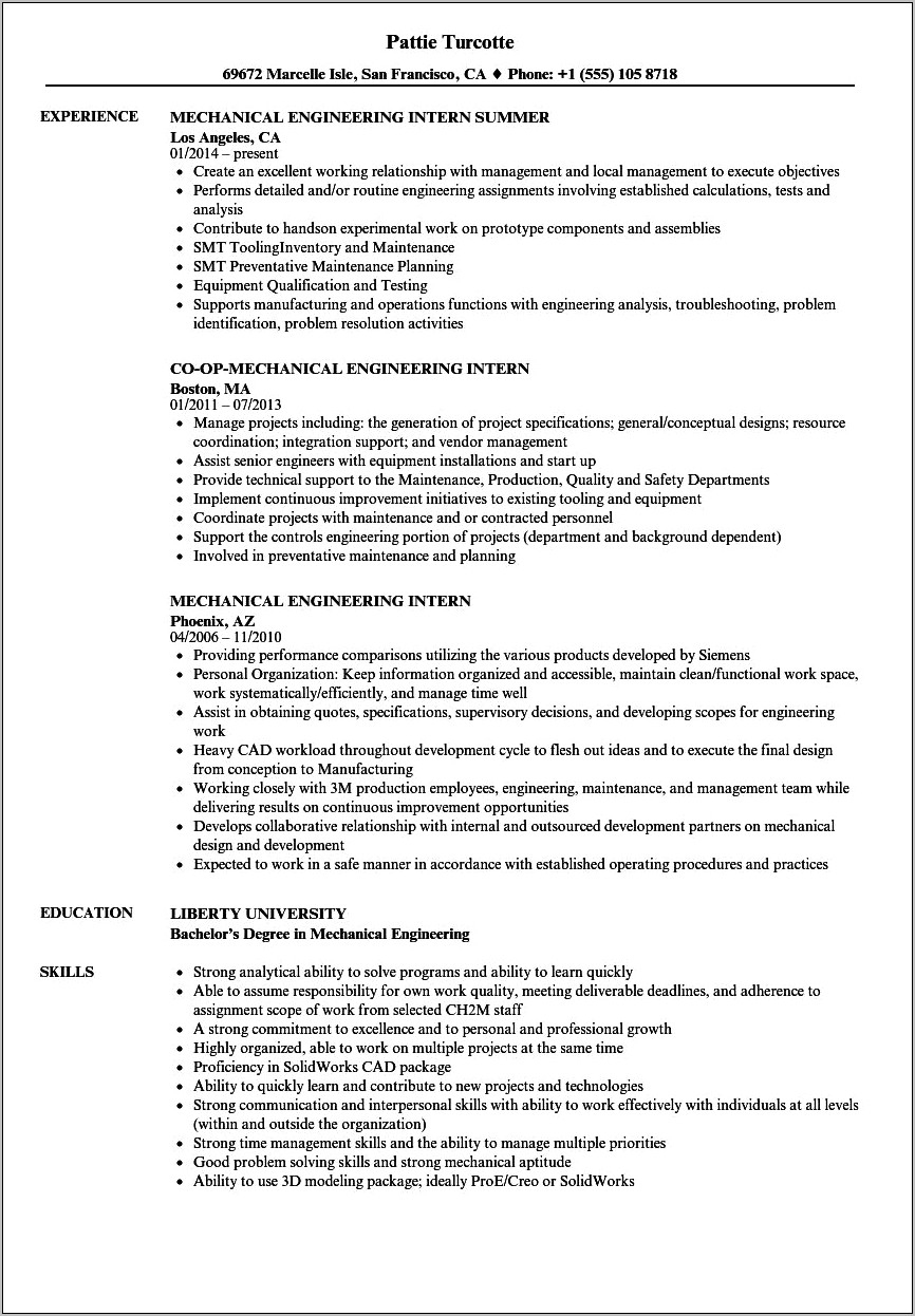 Examples Of Internship Resume For Engineering