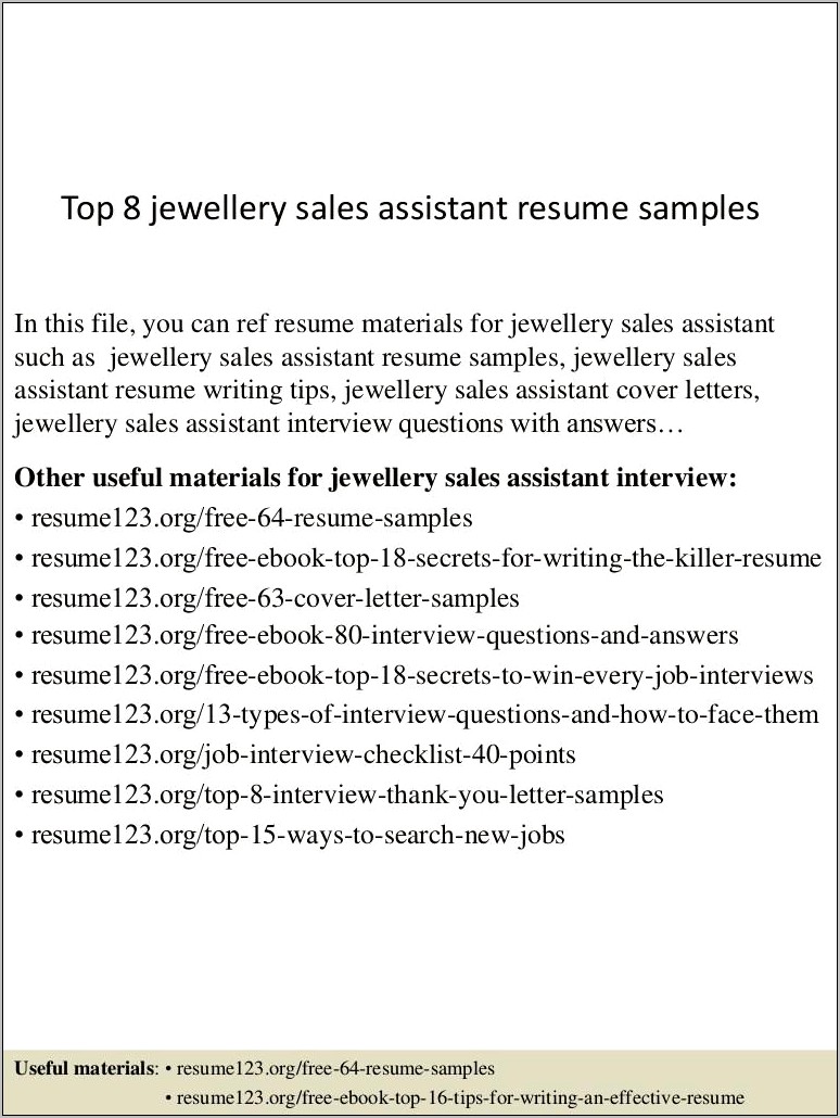 Examples Of Jewlery Assistant Manager Resumes