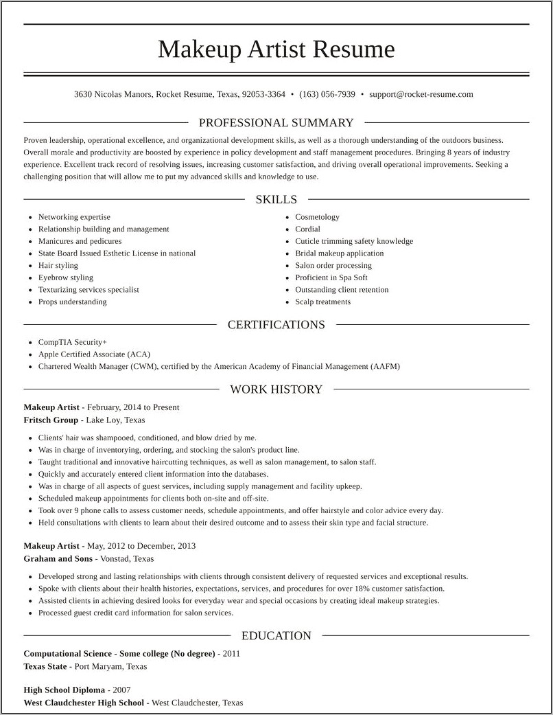 Examples Of Make Up Artist Resume