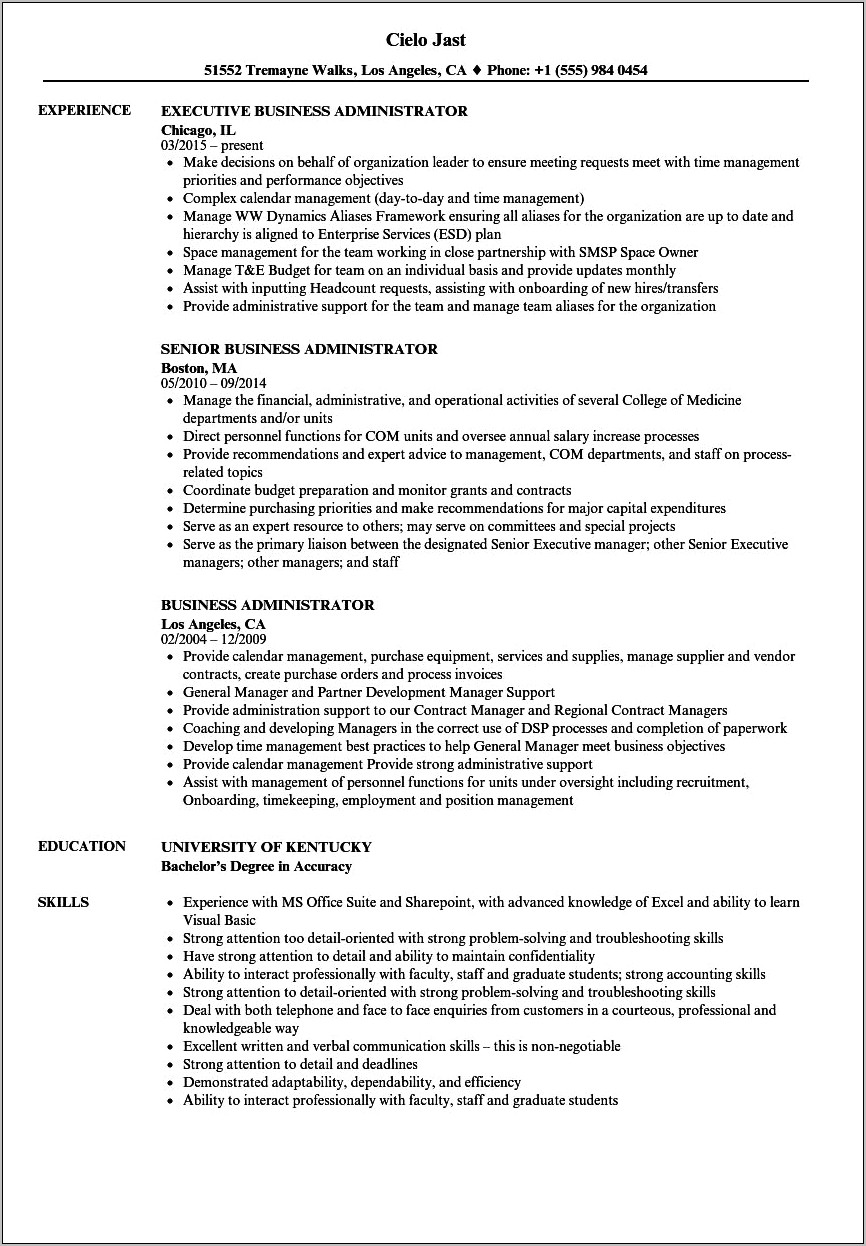 Examples Of Manager Of Business Administrator Resumes