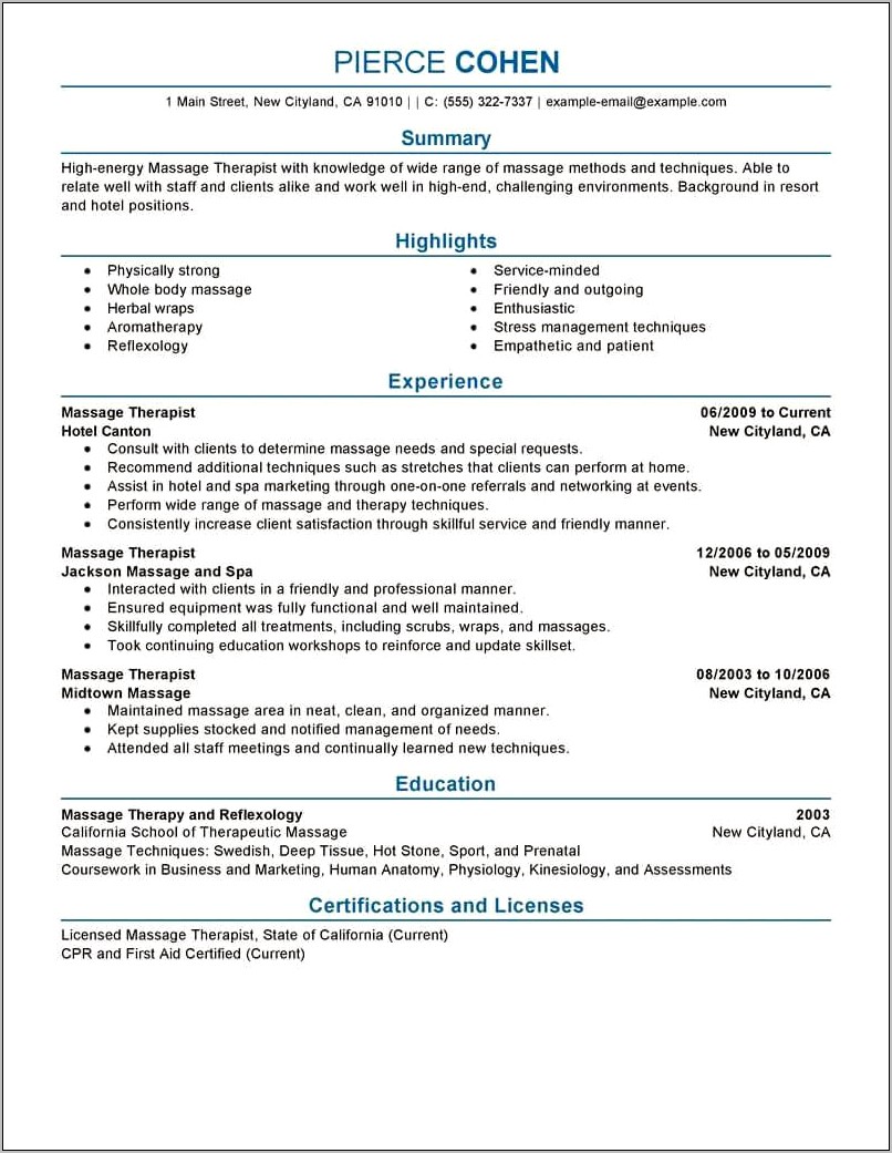 Examples Of Massage Therapy Resume With Management