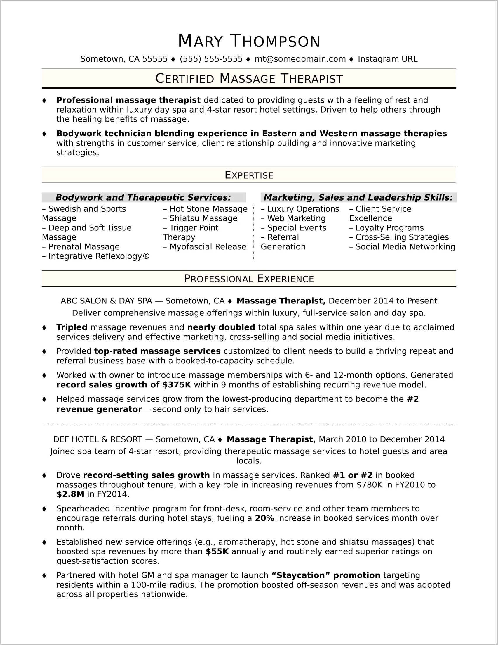 Examples Of Massage Therapy Resume With Managemetn