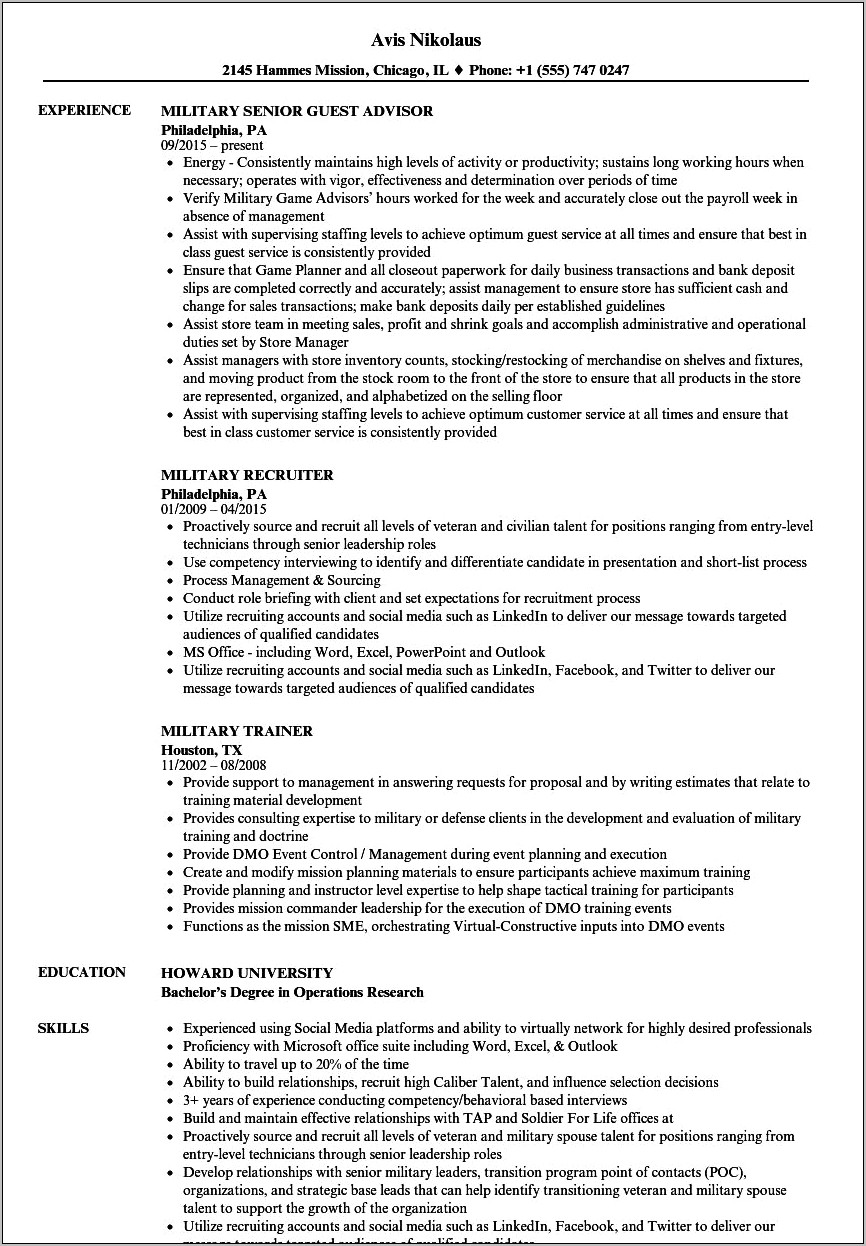 Examples Of Military Resume To Civilian