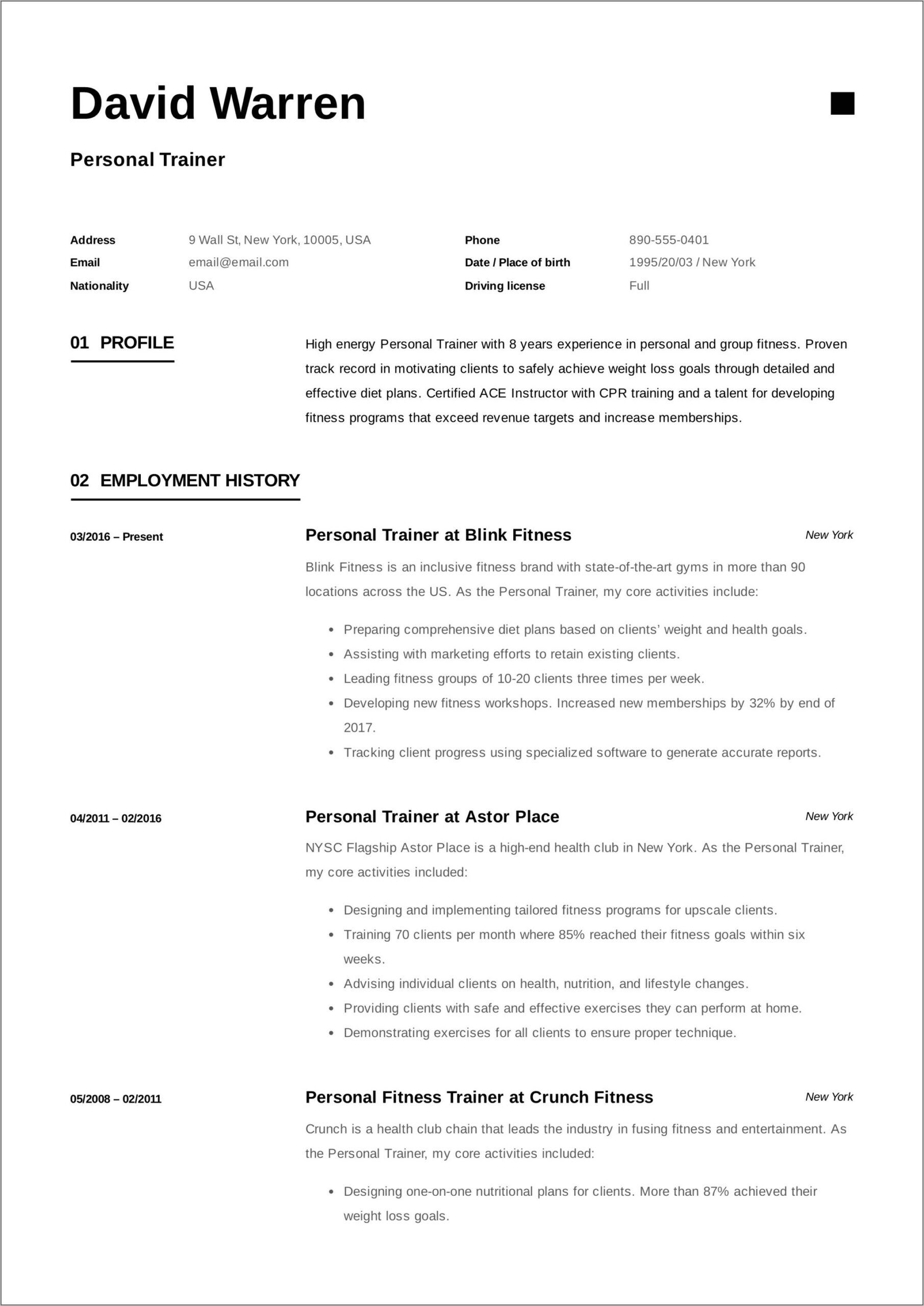 Examples Of New Personal Training Resume