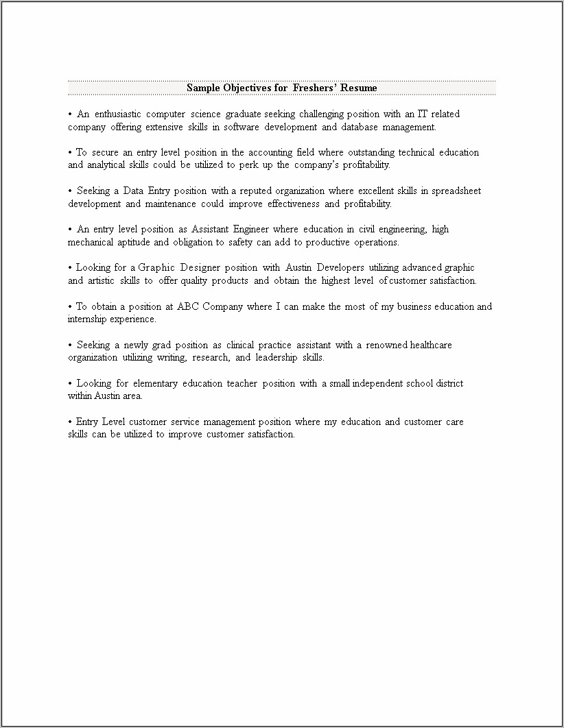 Examples Of Objective In Resume For Freshers
