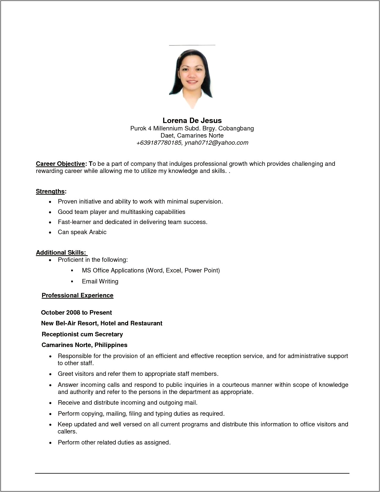 Examples Of Objective In Resume For Ojt