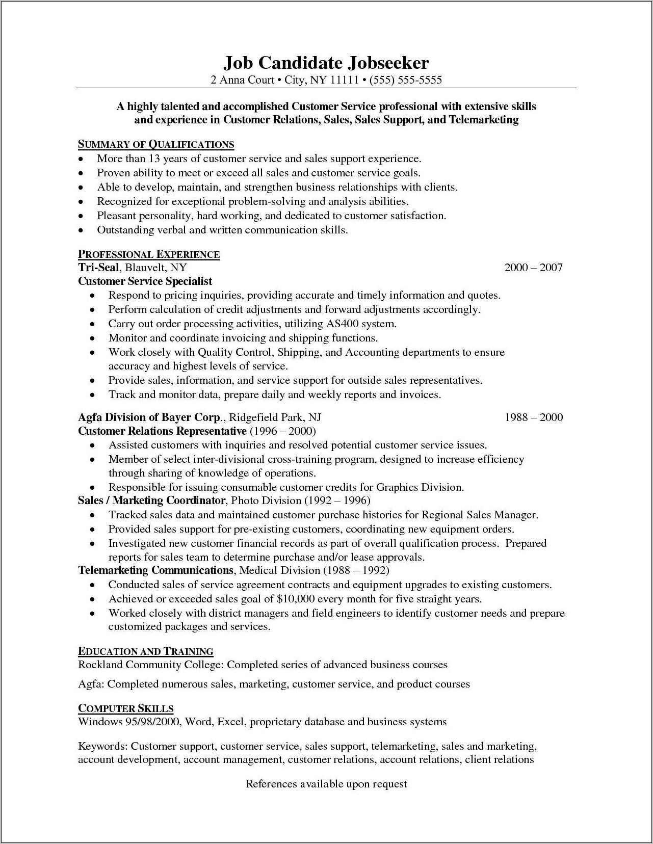 Examples Of Objectives For Resume In Customer Service