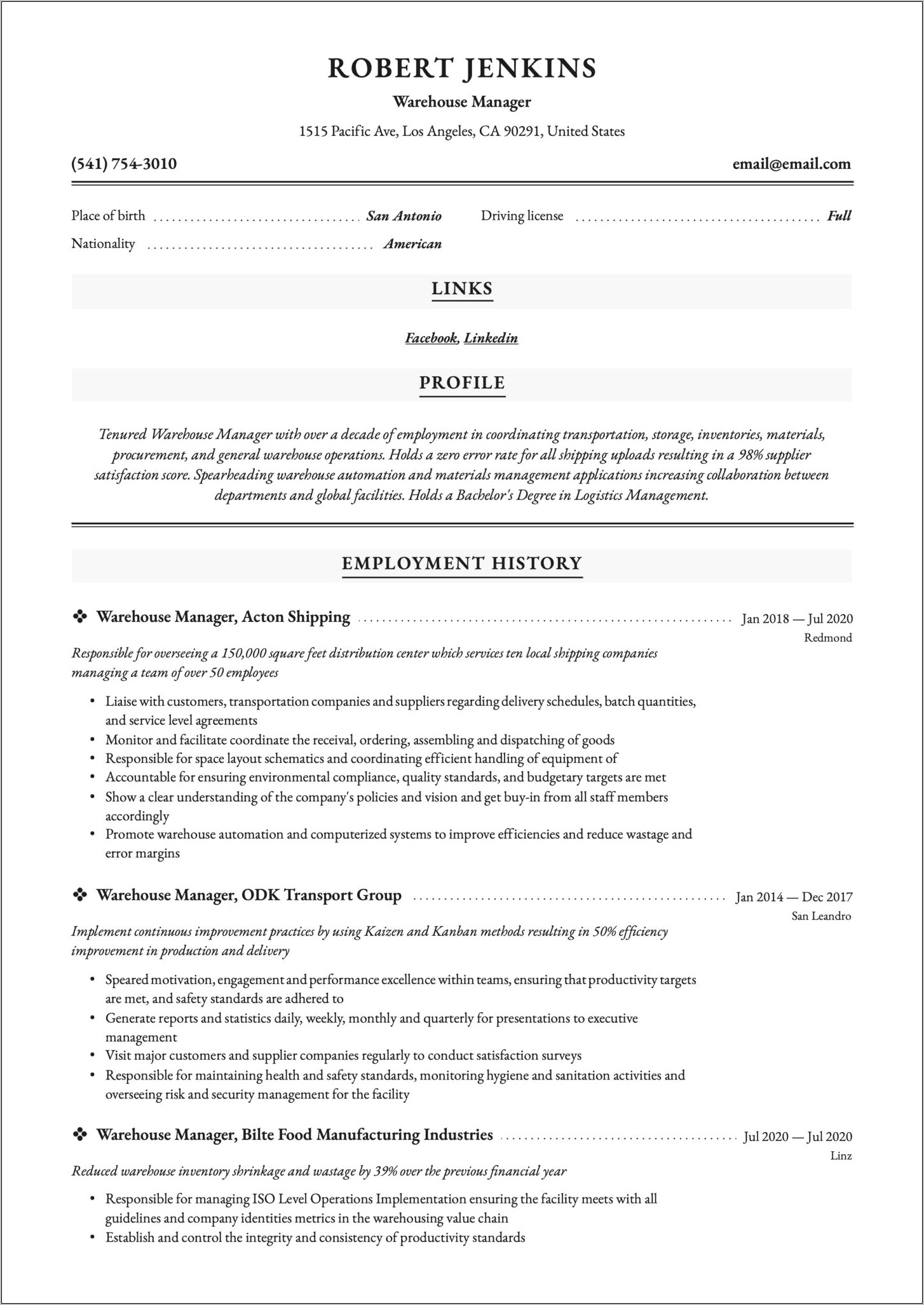 Examples Of Objectives For Resumes Warehouse Manager