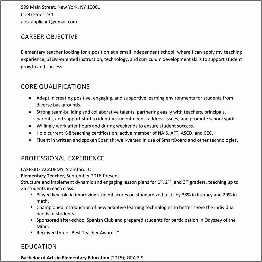Examples Of Objectives In Resume For Teachers