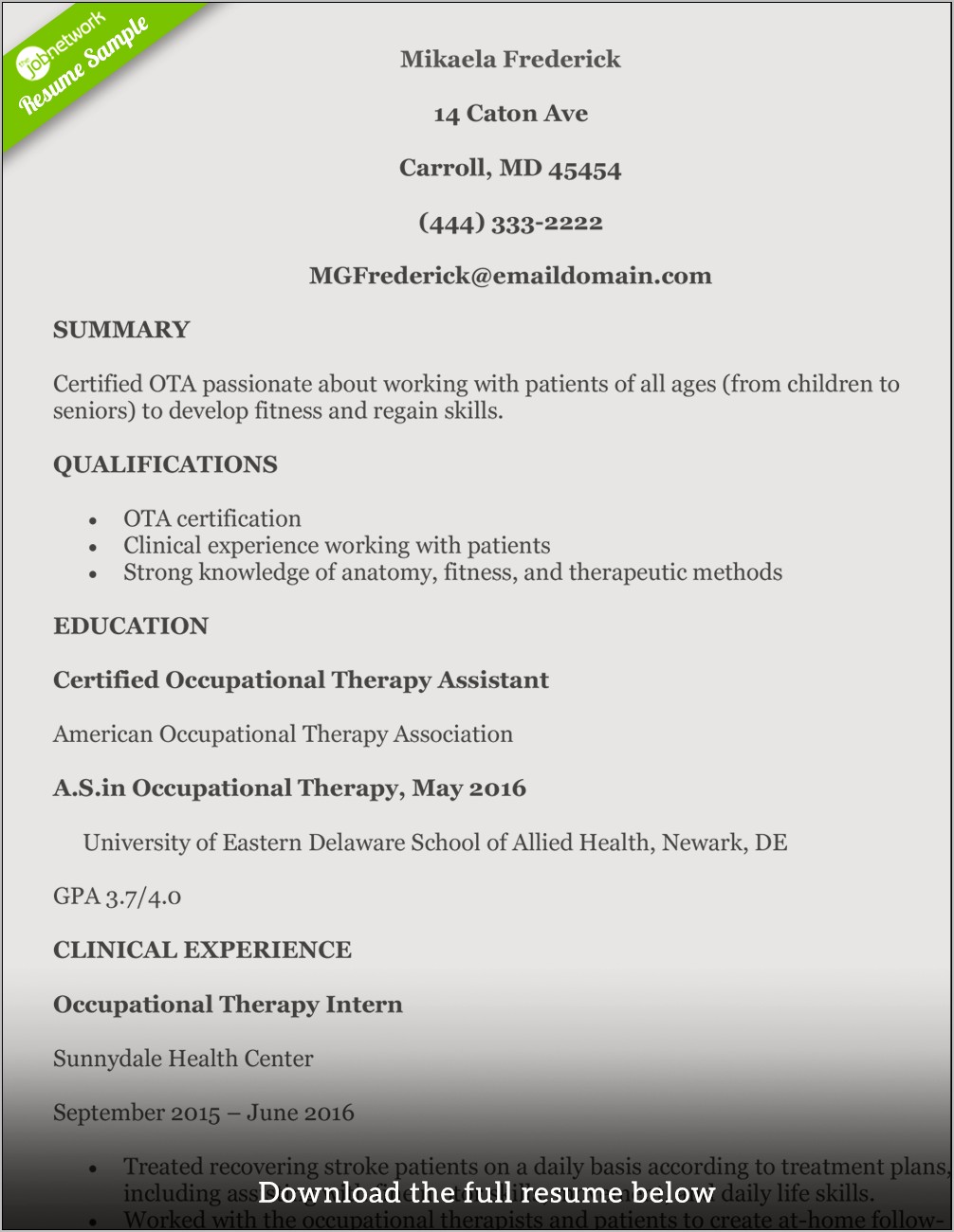Examples Of Occupational Therapy Resume