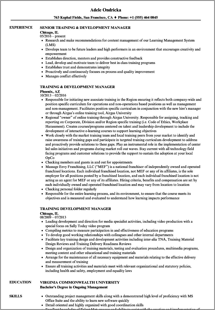 Examples Of Online Training Manager Resume