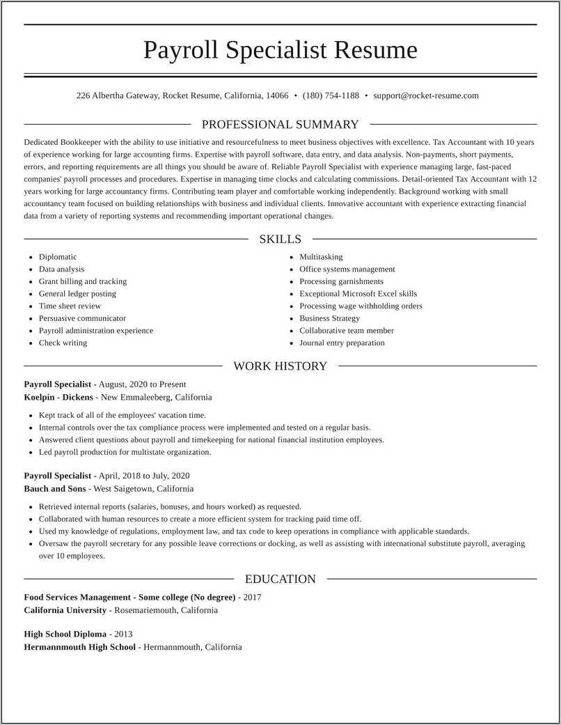 Examples Of Payroll Specialist Resumes