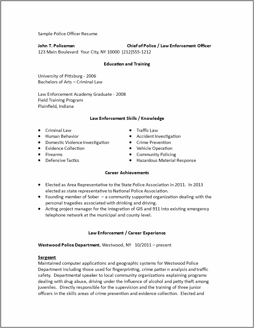 Examples Of Police Officer Resume