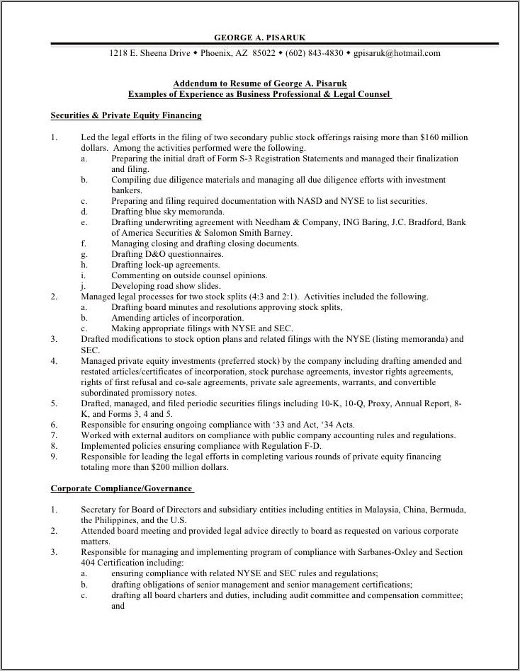 Examples Of Private Equity Attorney Resumes
