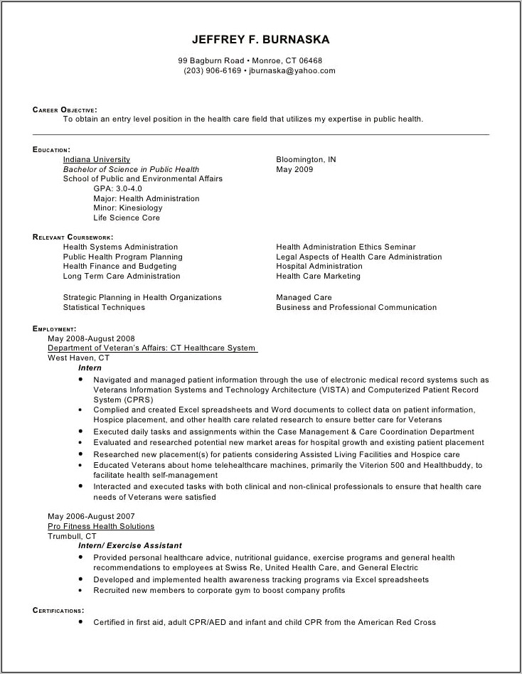 Examples Of Professional Resumes In Health Care Administration