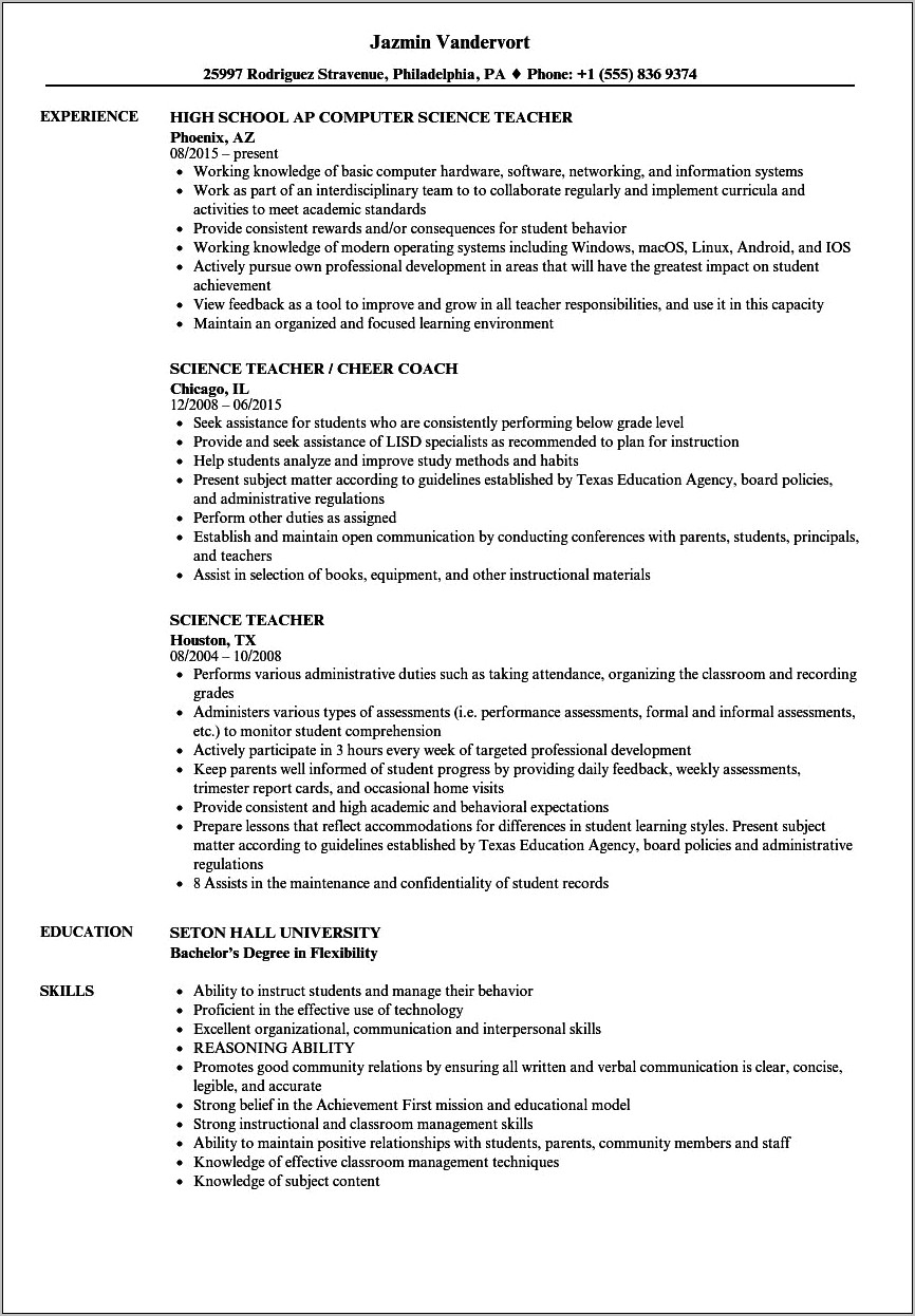 Examples Of Professional Teacher Resumes