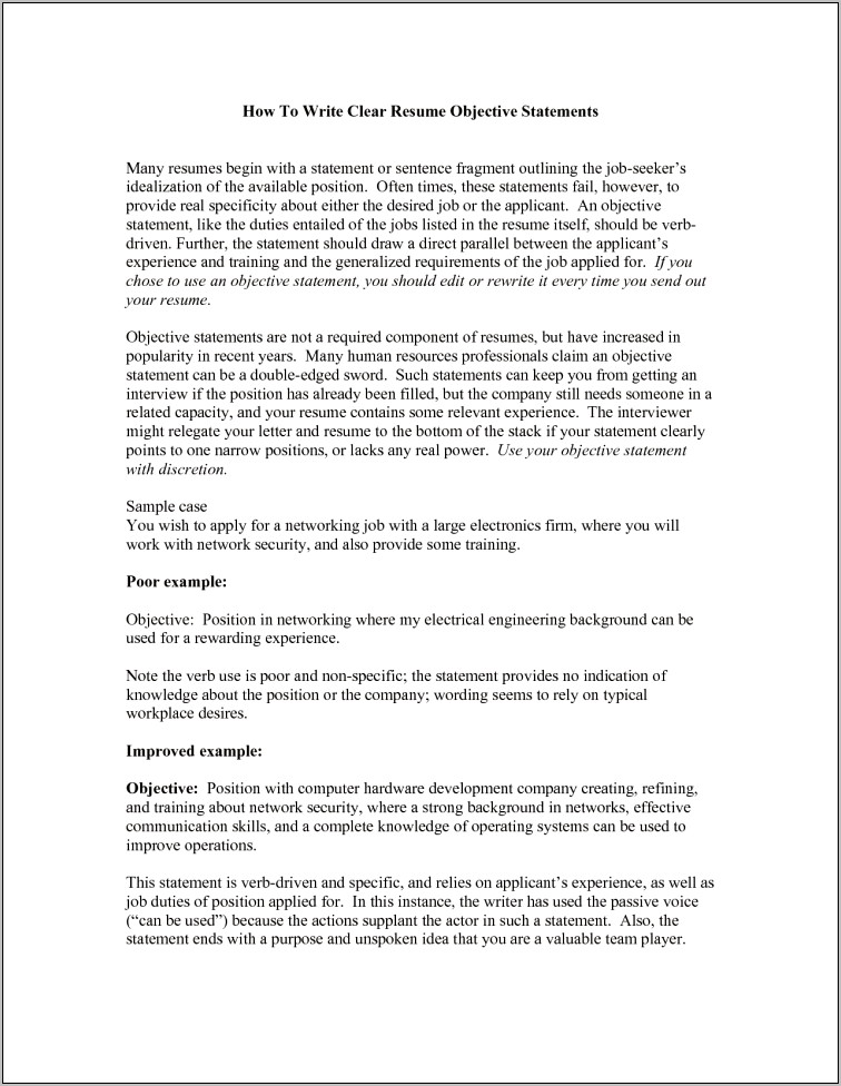 Examples Of Purpose Statement For Resume