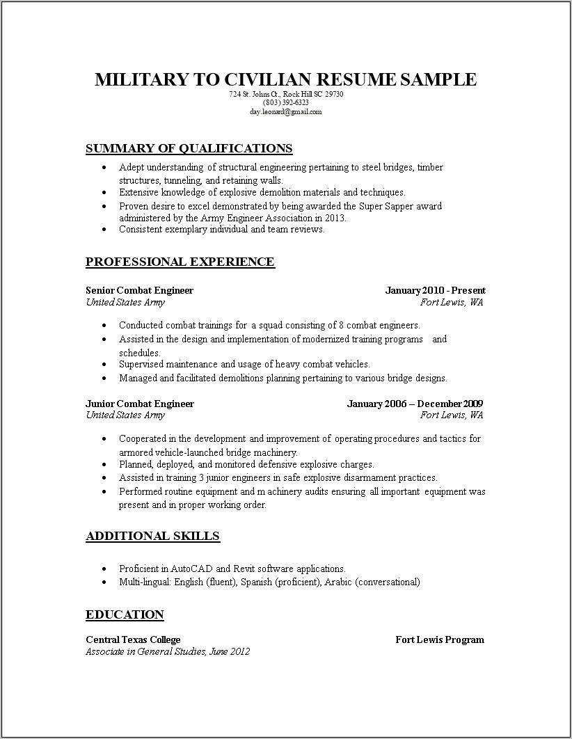 Examples Of Resume After Military To Civilian