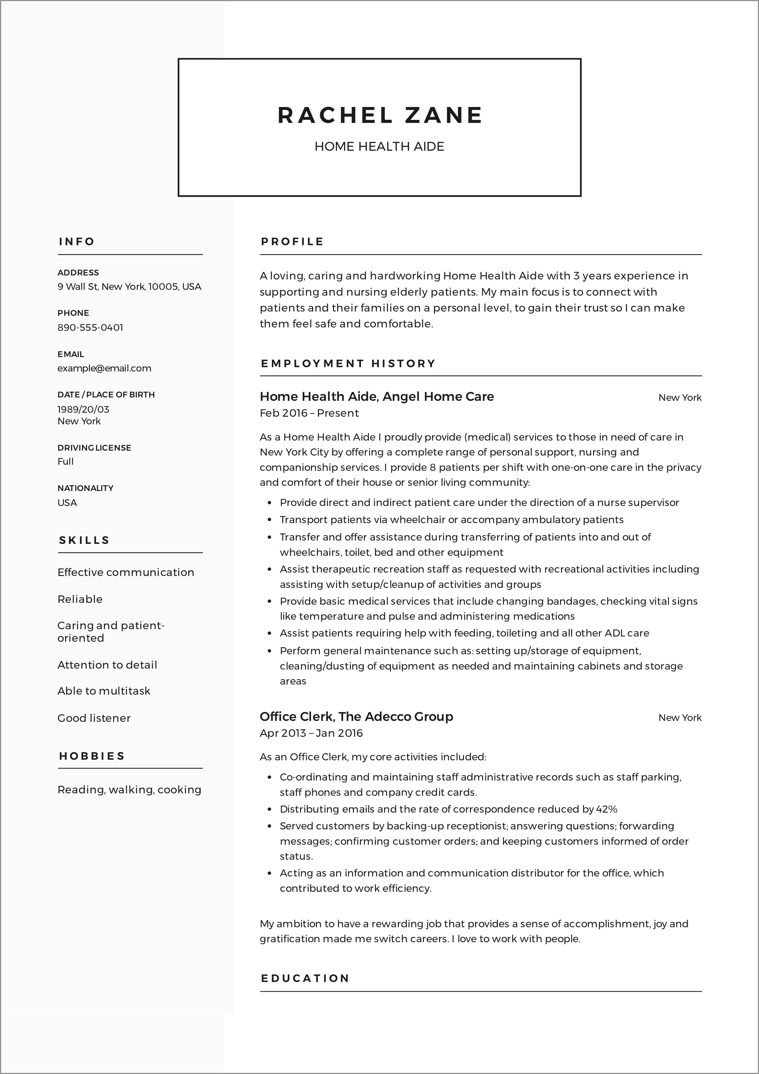 Examples Of Resume As A Caregiver