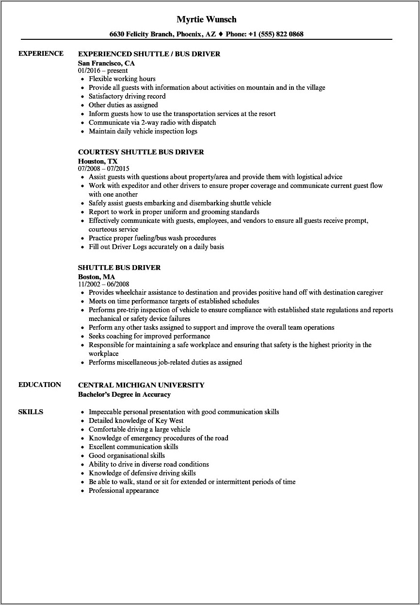 Examples Of Resume For Bus Drivers