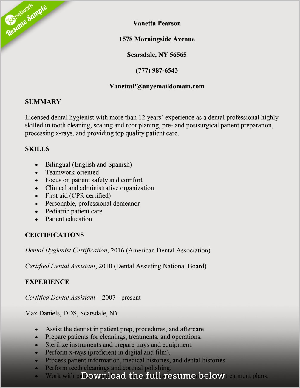 Examples Of Resume For Dental Assistant