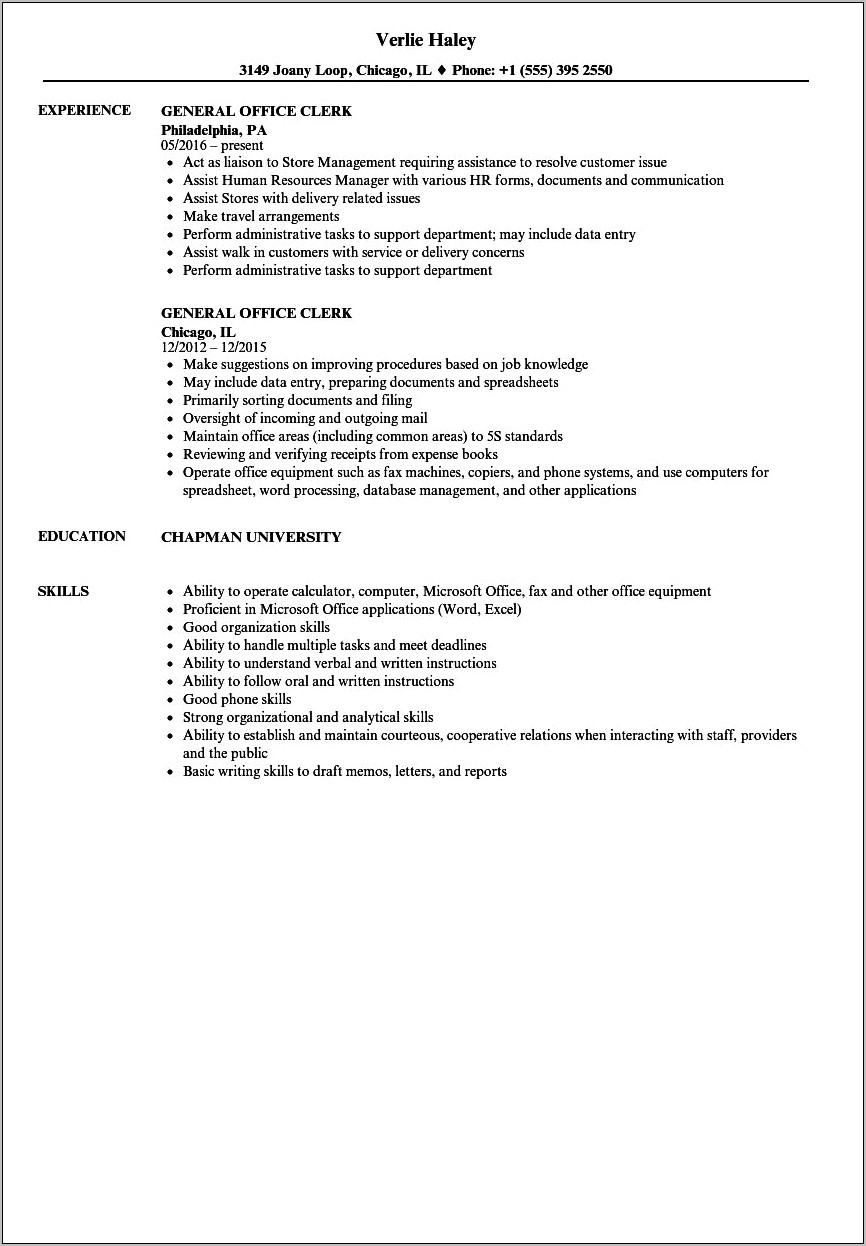 Examples Of Resume For General Office Work