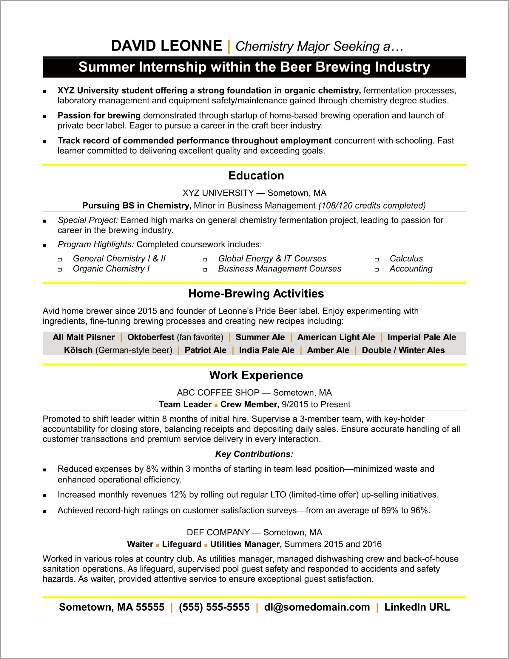 Examples Of Resume For Student Intership