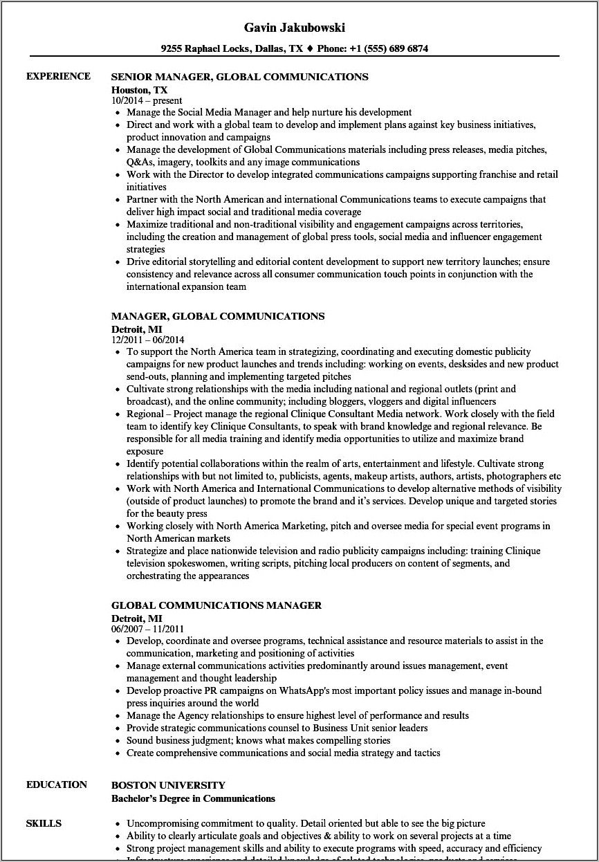 Examples Of Resume Objectives For Communications