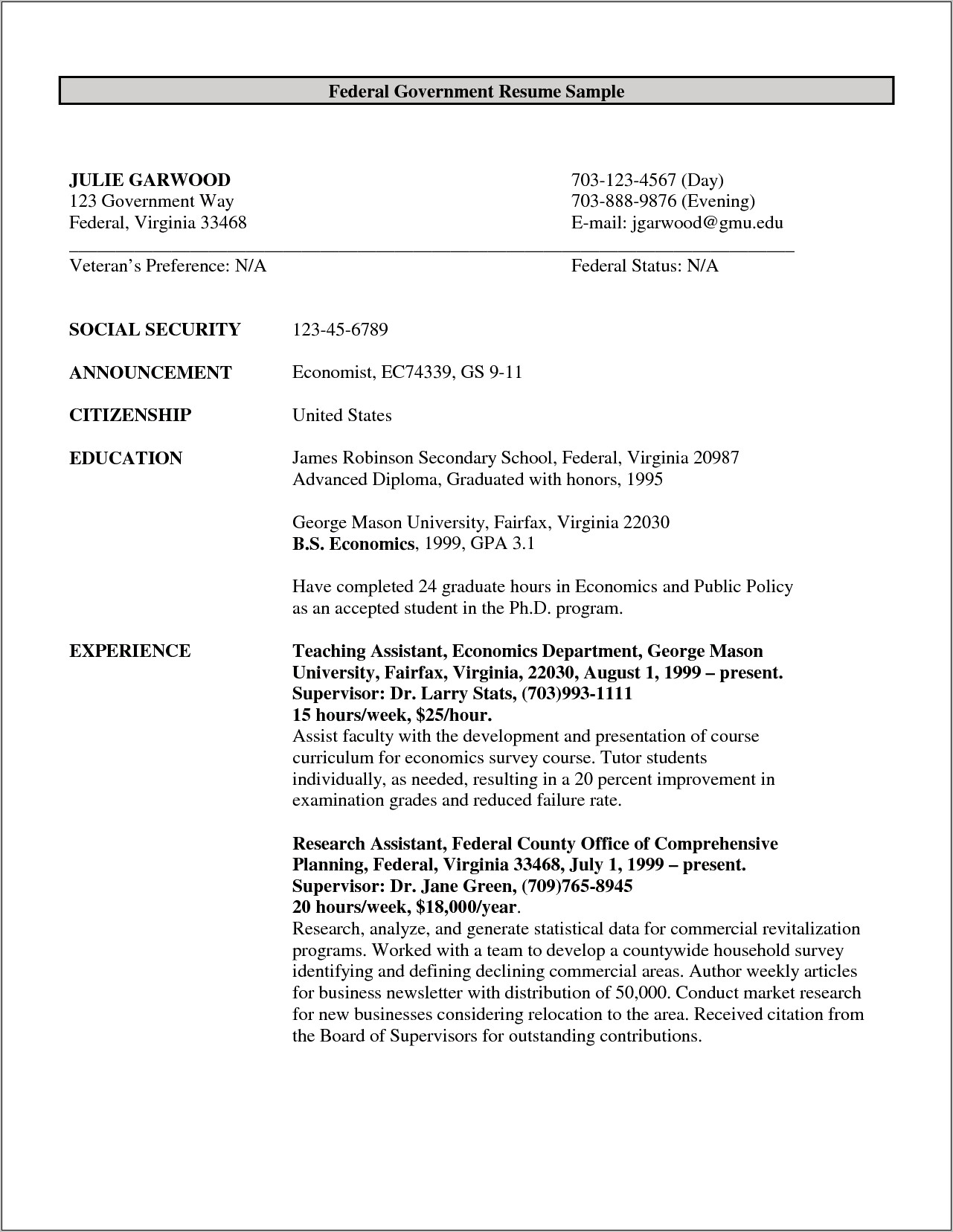 Examples Of Resume Objectives For Government Jobs